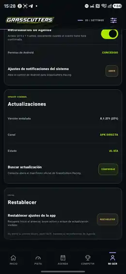 Pantalla de actualizaciones de GrassCutters Racing para Android.