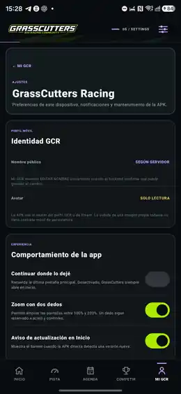 Pantalla de Ajustes de GrassCutters Racing para Android.