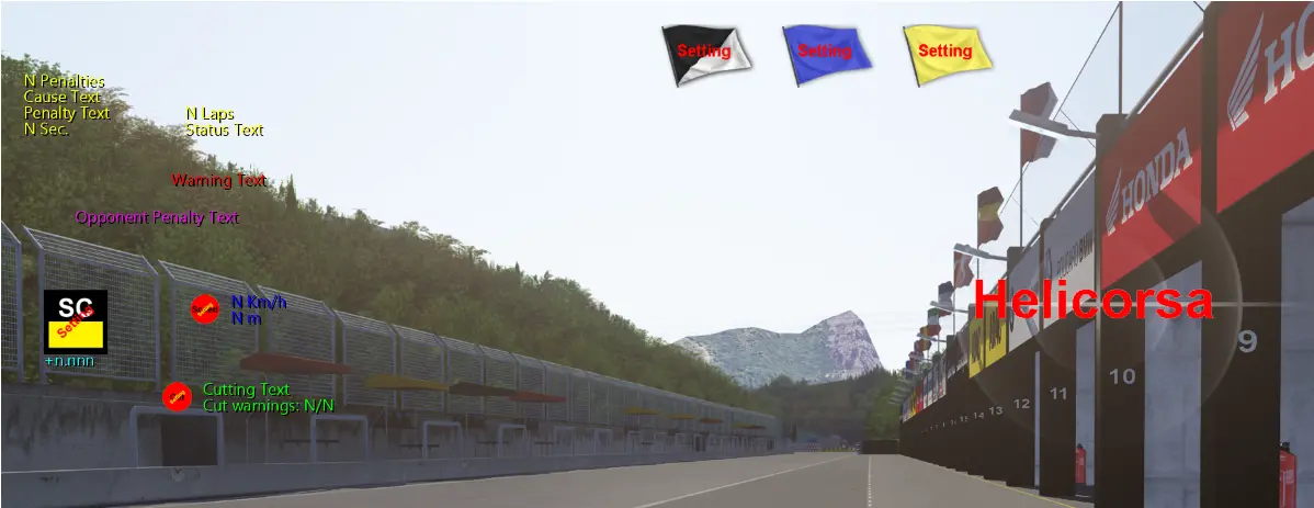 Real Penalty activo en Assetto Corsa con sus widgets y avisos visibles en pista